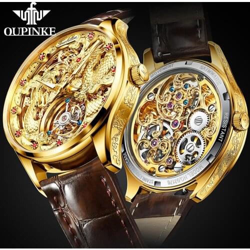 OUPINKE Real Tourbillon Watches Mens Mechanical Dragon Watches Skeleton Sapphire Leather Men Watches Luxury Business Clock