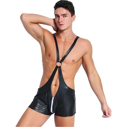 Black Leather Bodysuit Gay Men Underwear Fetish Tight Body Vinyl Shapers Sexy Mens Open Crotch Zipper Leotard Pole Dance Unitard
