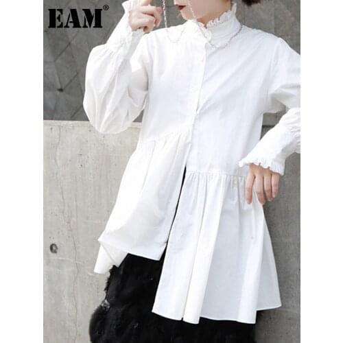 [EAM] 2021 Spring Woman New Solid White Color Long Sleeve Stand Collar Single Breasted Pleated Irregular Loose Shirt LI219