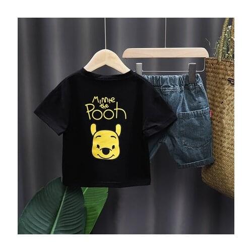Infant Kids Baby Girls Boys Short Sleeve T-shirt + Denim Shorts Two-pieces Set Cartoon Disney Pooh Print Childrens Clothing Set