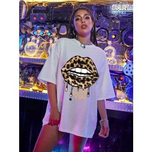Oversized T-shirt Women Summer Casual Short Sleeve Streetwear Tops Lady Leopard Lip Print T Shirt Lady Female T-shirt Clothing