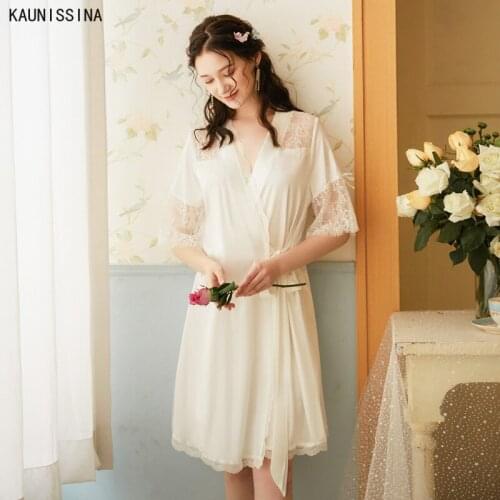 Sexy Summer Robe Women Silk Lace Sleepwear Loose Plus Size Kimono Spa Bathrobe Female Knee Length Satin Robes Nightwear