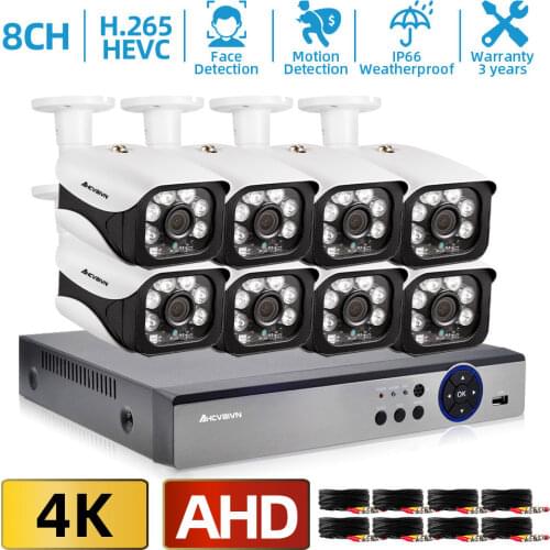 AHCVBIVN CCTV Video Kit 4K 8CH DVR Security Camera Kit System Night Vision 8MP Outdoor Camera waterproof 4/8 x 65feet Cable P2P