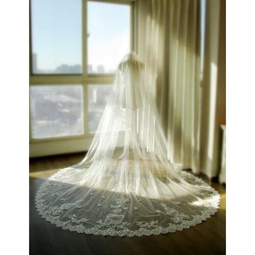 Bling Bling Lace Veil 1 Tier White Ivory Sequins Lace Cathedral Wedding Veil Long Veil With Comb