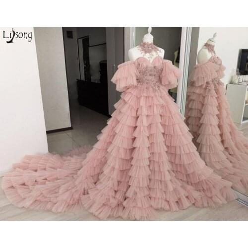 Fashion Off the Shoulder Prom Dresses 2021 New Designer Tiered Tulle Long Train Wedding Formal Dress Pink Evening Gowns