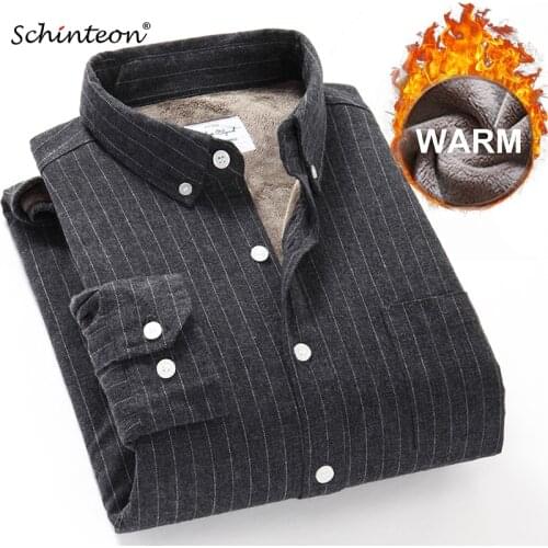 Schinteon Men Winter Warm Shirt Sanding Cotton Fleece Lining Flannel Bottoming Striped Shirt S-4XL Top Quality