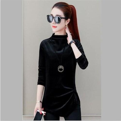 New Women Solid Velvet T-shirts Long Sleeves Half Turtleneck T-Shirts 2020 Autumn Winter Velour Shirts Tee Top Plus Size M-8XL