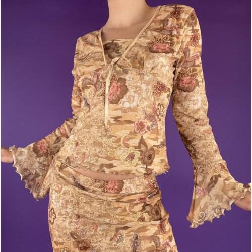 Autumn Vintage Women Floral Printed Tops T-Shirt Casual Ladies Long Sleeve Tie- Up Front Slim Fit Ruffles T-Shirts Clothes 2021