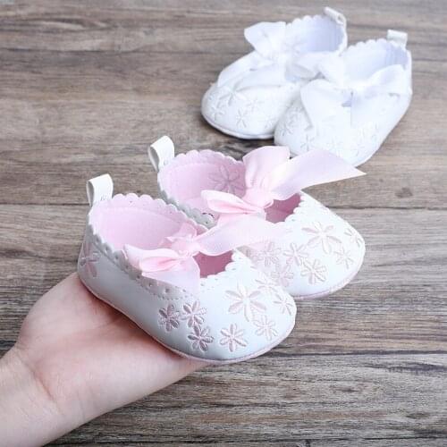 0-1 Year Old Baby Small Flower Pattern and Bow Decoration Pink Walking Shoes with PU Leather Elastic Band