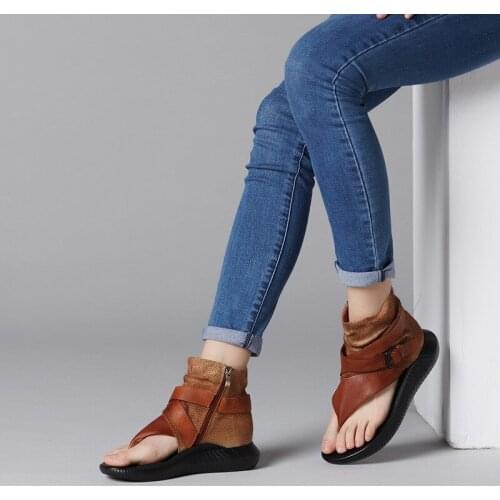 Spring Summer Womens Open Toe Flip Flops Breathable Slipper Panelled Comfort Retro Genuine Leather Female Buckle Wedge Sandals