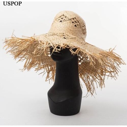USPOP New Summer hats Women Handmade hollow pattern woven raw edge raffia large brimmed hat sunscreen beach raffia straw hat