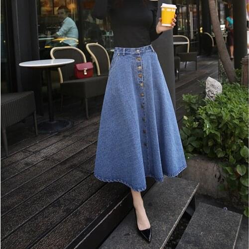 Summer High Waisted Jean Skirts For Women Long Denim Skirt Button Front Pleated Denim Skirts Maxi Casual Solid Skirt Denim Pants
