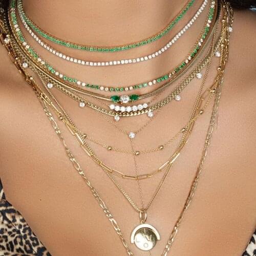 Round sparking bling 3 colors cubic zirconia wedding jewelry For Women tennis chain choker Antique gold color Fashion necklace