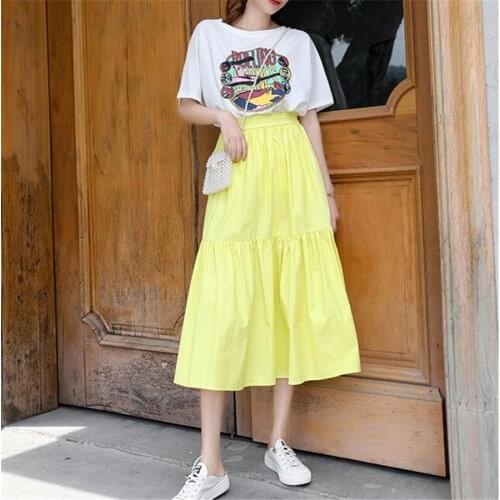 2020 Summer Autumn Women New Fashion Long A-Line Skirts Elastic Waist Vintage Solid Ruffles Loose Party Skirt Plus Size M-7XL
