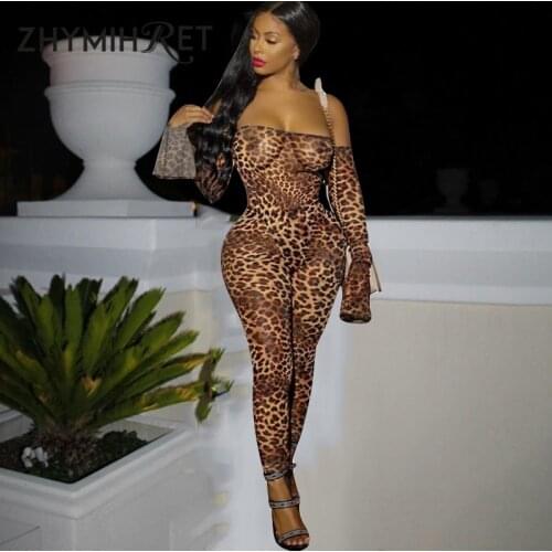 ZHYMIHRET 2021 Spring Slash Neck Leopard Jumpsuit Women Flare Sleeve Off Shoulder mesh Rompers Femal Sexy Snake Print Overalls
