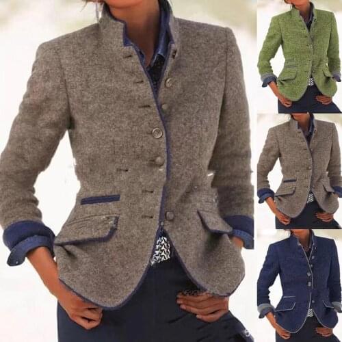 Women Retro Style Outwear Cardigan Blazer Long Sleeve Button Stand Collar Autumn Winter Slim Woolen Coat Jacket