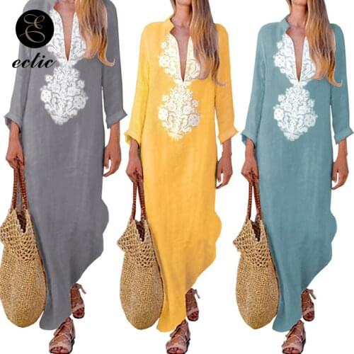 Linen Cotton Women Clothing Sukienka Print Long Dress Deep V Neck Top Selling Product In 2021 Robe Femme Sexy Double Slit Dress