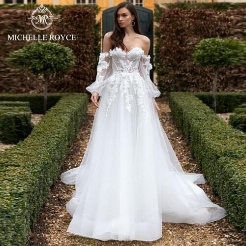 Michelle Royce A-Ling Wedding Dresses 2021 Sexy Sweetheart Off the Shoulder Appliques Chapel Train Bridal Gowns Vestido De Noiva