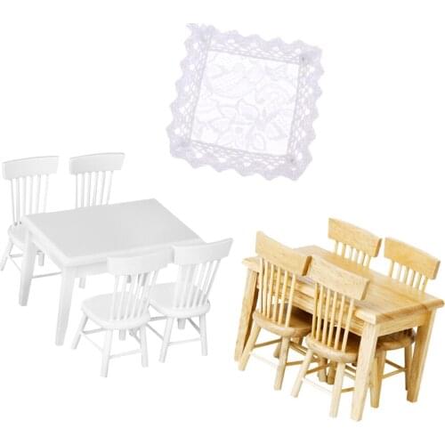 11pcs 1:12 Doll House Miniature Funiture Dining Table Chair Models White Tablecloth Set