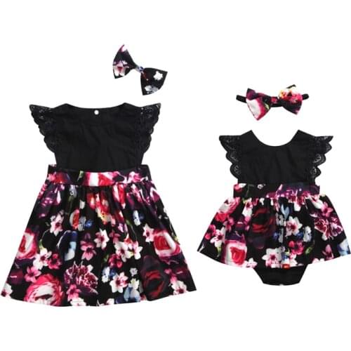 2018 Fashion Cute Newborn Baby Girls Sister Family Matching Sets Lace Sleeve O-Neck Floral Print Romper And Dress Headband 2PCS