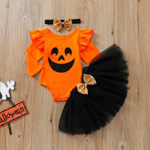 3Pcs Toddler Halloween Outfits Smile Face Round-Neck Long Sleeves Romper + Tutu Skirt + Bow-knot Headband Girls 0-18 Months