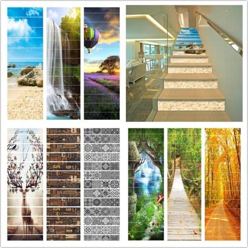 6/13pcs Beach Vinyl Home Decor Stair Stickers Green Tree Forest DIY Removable Waterproof Staircases Decals Sun Stairway Murals