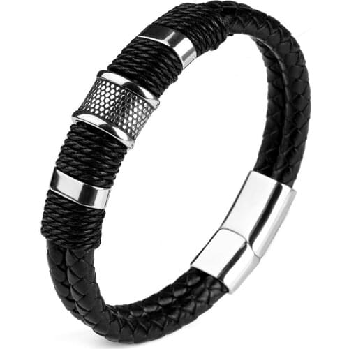 Punk Stainless Steel Genuine Leather Bracelet Double Layers Magnetic Clasp Charm Fashion For Male Accessories Jewelry