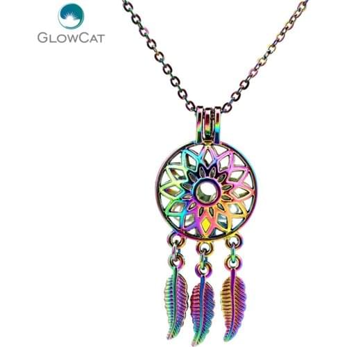 C679 COLORS Rainbow Flower Dream Catcher Leaves Beads Leaf Cage Pendant Essential Oil Diffuser Locket Necklace