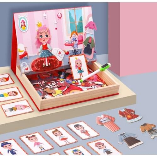 Children Wooden Toy Educational Multi-functional Magnetic Double-sided Puzzle Cartoon Girl Dress Up Puzzle White Board Toy