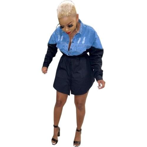 Denim Splice Short Dress Women Lace Up Single Breasted 2021 Fashion New Full Sleeve Turn Down Collar Streetwear Blouse Dresses