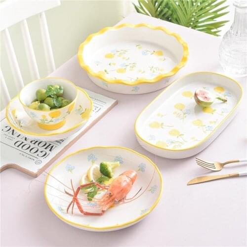 EECAMAIL Yellow Rose Flowers Creative Hand Painted Under-glaze Ceramic Tableware Rice Bowl Dinner Plate Baking Dish Noodle Soup
