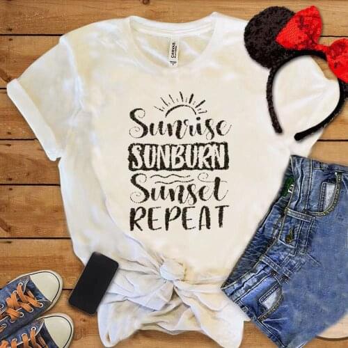 Sunrise Sunburn Sunset Repeat T-shirt Female Beach Vacation Tops Woman Casual Holiday Wave Tee Unisex Summer Loose Graphic Shirt