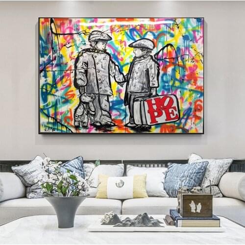 Graffiti Art Little Boy Holding Hands Hope Canvas Painting Poster and Print Cuadros Wall Art for Living Room Home Decor