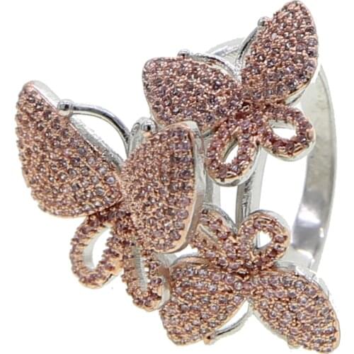 Iced out hip hop ring cz paved two tone ring jewelry pink cz 3 pcs butterfly cocktail finger ring trendy lady jewelry for women