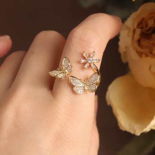 Korean new fashion jewelry exquisite copper inlaid zircon butterfly flower opening adjustable female index finger prom ring