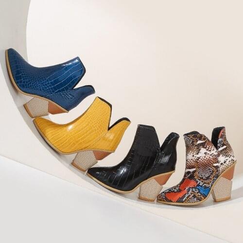 Snake Print Western Cowgirl White Black Yellow Faux Leather Cowboy Ankle Boots for Women shoes 10cm High Heel Boots chunky