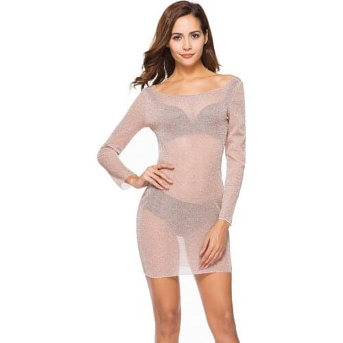 Summer Fashion See Through Long Sleeve Round Neck Sexy Bodycon Women Dresses Mesh Beach Wear Women Pink Club Mini Dress