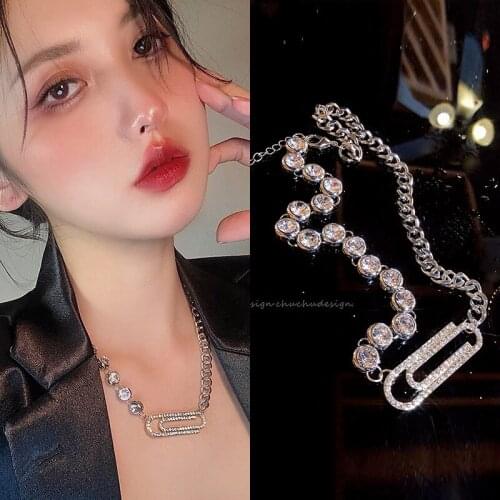 Unique Paper Clip Safety Pin Pendent Necklace for Women large Multicolor Zircon Punk Style Necklaces Chain Choker Charm Jewelry