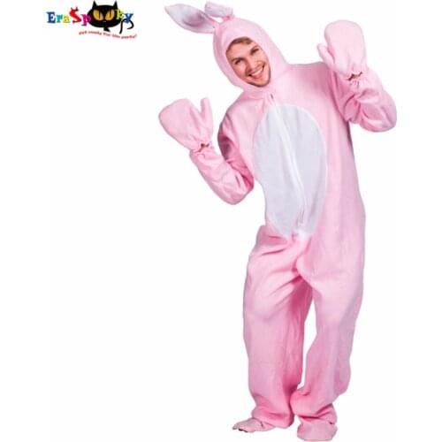 Eraspooky Mens Animal Cosplay Festival Easter Bunny Jumpsuit Halloween Costume Adult Pink Rabbit Outfit Carnival Fancy Dress