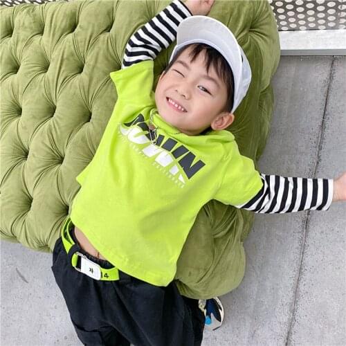 2021 Spring Autumn New Kids T Shirts Baby Boys Fashion Fake Two Tops Korean Print Long Sleeve Boys Cotton T-shirts Baby Clothes