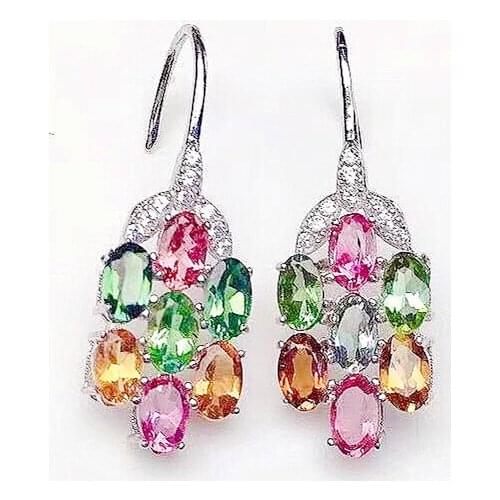 Natural real colorful tourmaline luxury drop earring 925 sterling silver 3*5mm 0.25ct*14pcs gemstone Fine jewelry X21972