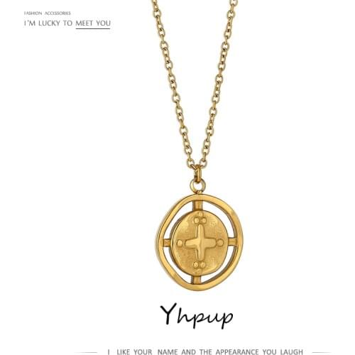 Yhpup Fashion North Star Round Pendant Necklace Stainless Steel Jewelry for Women Vintage Gold Metal Necklace Anniversary Gift