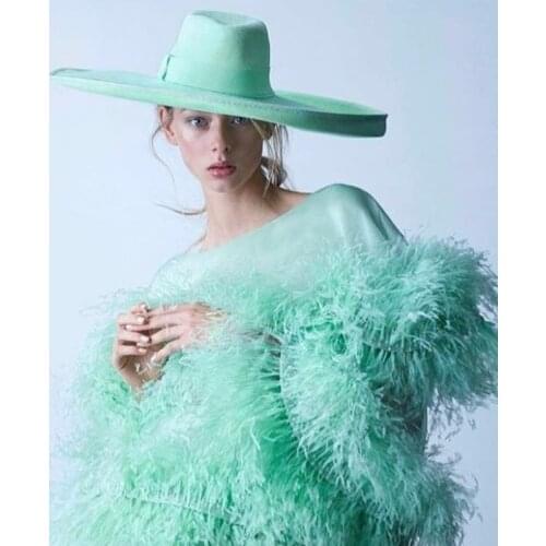 Women 16cm/6.3inch Large Brim Hat ,Australian Wool Felt Bowler Hat Big eaves Beach Top Caps Green Color Performance Show Hats