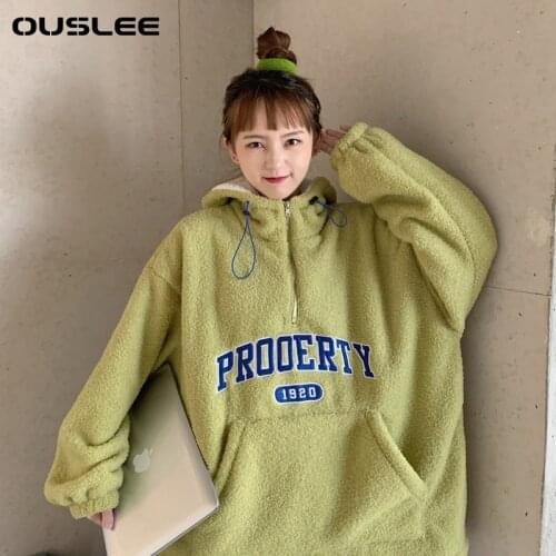 OUSLEE Letters Womens Hoodies Zipper Sweatshirts Fall Winter Casual Loose Teddy Hooded Pullovers Female Plus Size Streetwear3XL