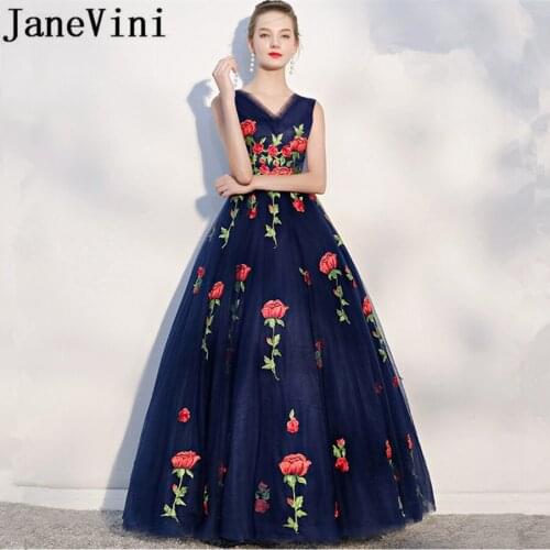 JaneVini Navy Blue Bridesmaid Dresses Long Ball Gown Exquisite Flowers Embroidery Tulle Floor Length Women Formal Party Gowns