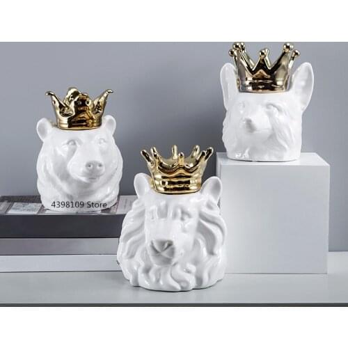 Nordic style home decoration ceramic lion head animal storage tank living room wine cabinet decoration ornaments