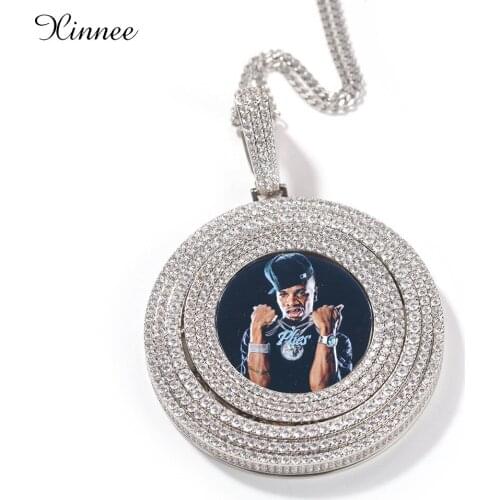 Gold Custom Made Photo With Spin Round Medallions Necklace & Pendant 4mm Tennis Chain Cubic Zircon Mens Hip hop Jewelry