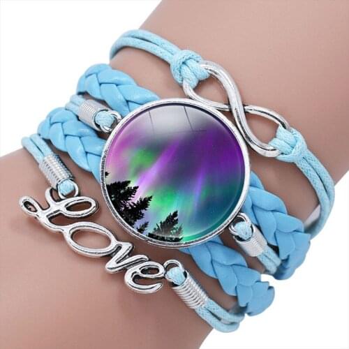 10PC Aurora Leather Bracelet Glass Cabochon Bangles Multilayer Leather Bracelet Braided Flower Aurora Borealis Jewelry for Women