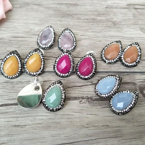 6 Pairs/lot Nature Water Drop Stone Stud Earrings,with Crystal Zircon Paved Stud Earrings,Charm Jewelry Earrings ER430