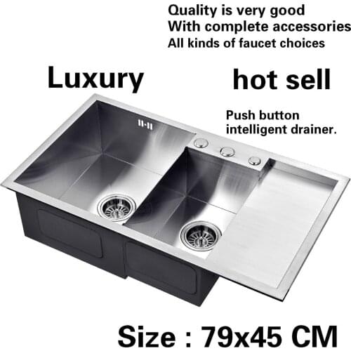 Free shipping Hot sell luxury push button intelligent drainer kitchen manual sink double groove 304 stainless steel 790x450 MM